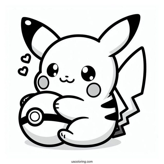 Kawaii Pikachu Hugging A Pokeball Coloring Sheet