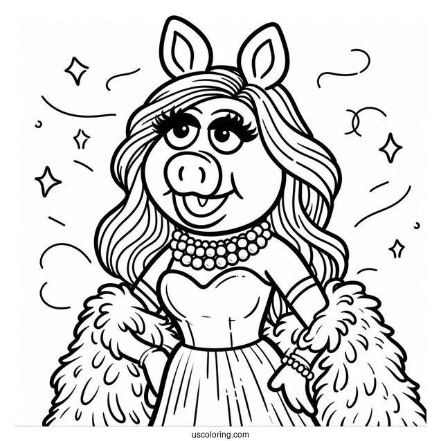 Muppets Coloring Page Of Miss Piggy In Pearls And Dress