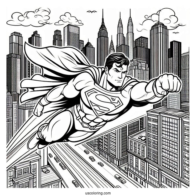 Superman Flying Over Buildings Coloring