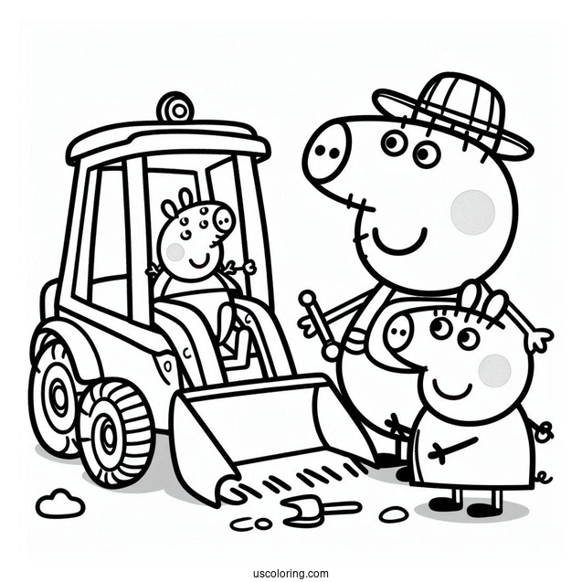 Mr Bull In Digger Being Helped By Peppa And George