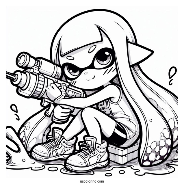 Splatoon Coloring Page Of Kawaii Inkling Girl Crouching While Holding Inkjet