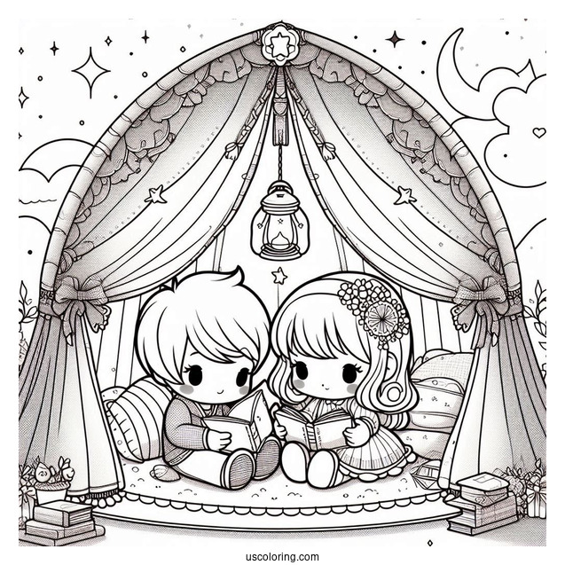 Precious Moments Coloring Page Of Girl And Boy Reading Inside Tent