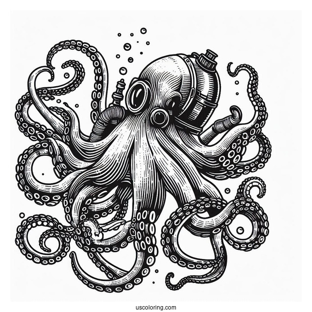 Vintage Diver Holding Octopus Coloring Page