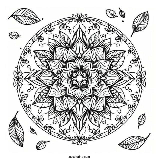 Circle Flower Mandala With Leaves Coloring Page