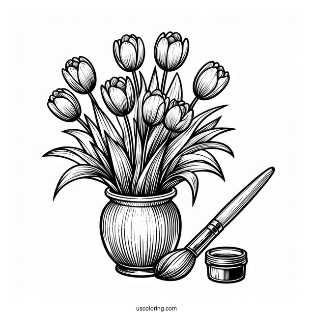 Flower Coloring Pages Of Tulips Bouquet On Paint Brush Handle Vase