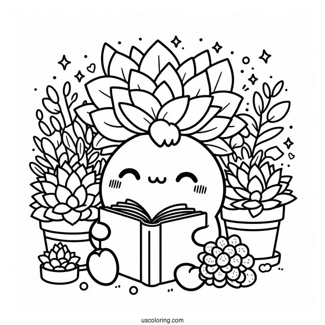 Pompompurin Reading While Surrounded By Succulent Coloring Page