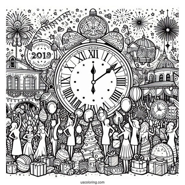 Large Party With A Massive Clock Striking Twelve On The New Year Coloring Page