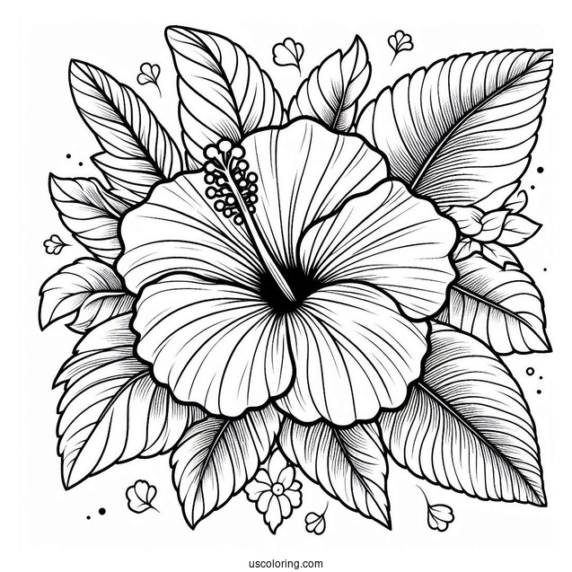 Flower Coloring Pages Of Large Hibiscus Among Leaves