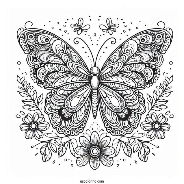 Grand Butterfly Coloring Page Mandala With Flowers And Leaves