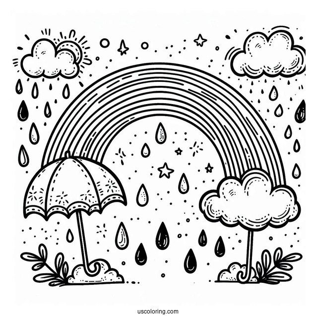 Rain Coloring Page Of Raindrops And Rainbows For Preschoolers