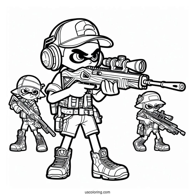 Splatoon Coloring Page Of Agent 3 With Crossbow And Squad