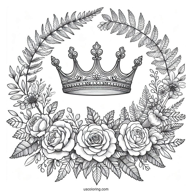 Detailed Flower Crown Coloring Page Surrounded by Roses and Fern Leaves