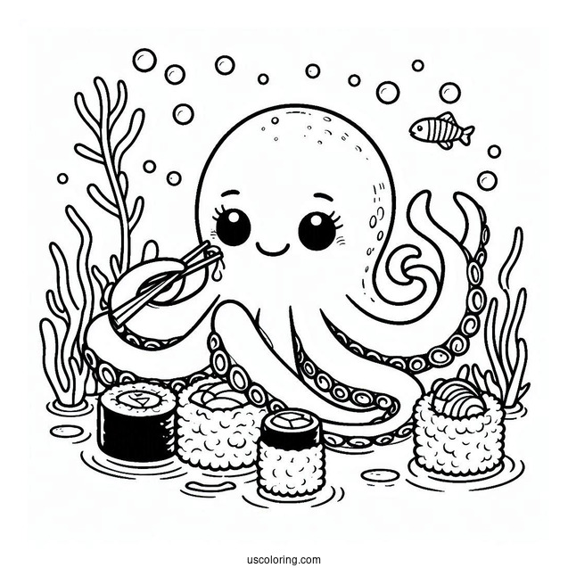 Octopus Eating Sushi Coloring Pages Underwater For Kids