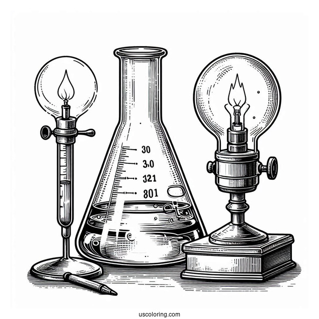 Science Coloring Page Of Volumetric Flask Being Heated On Stand Above Alcohol Lamp