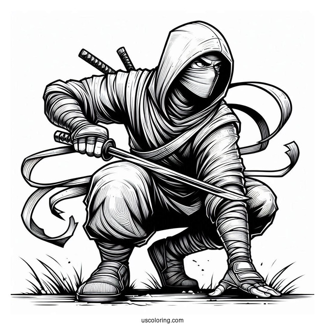 Detailed Ninja Crouching Low Coloring Sheet