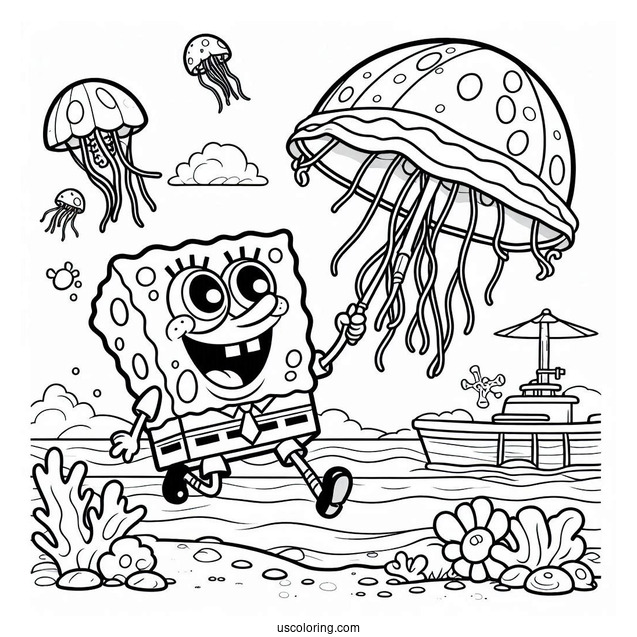 SpongeBob Catching Jellyfish With Net To Color