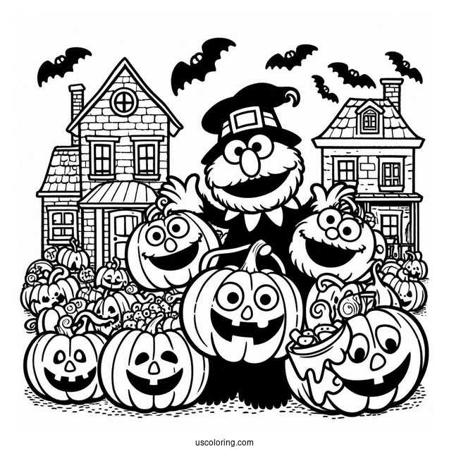 Halloween Sesame Street With Jack-O-Lanterns Coloring Page