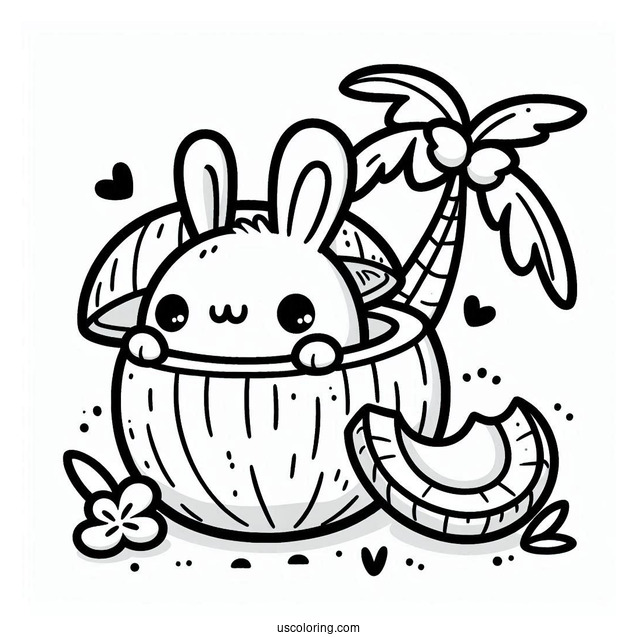 Kawaii Bunny Inside A Coconut Coloring Page For Kids