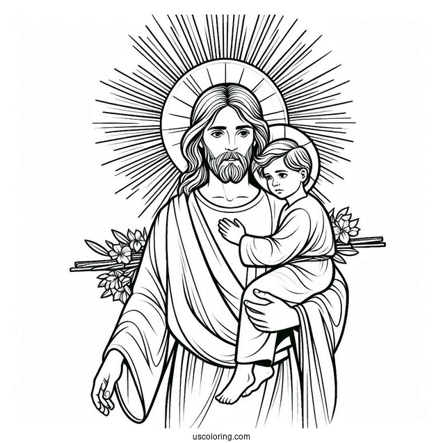 Holy Jesus Coloring Page With A Halo Carrying A Little Boy