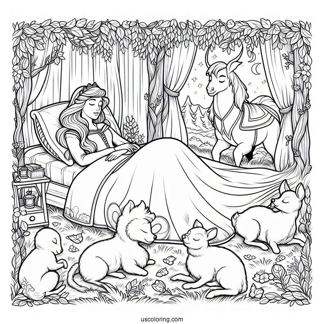 Sleeping Beauty Coloring Page Of Prince Philip Watching Aurora With The Animals In The Forest