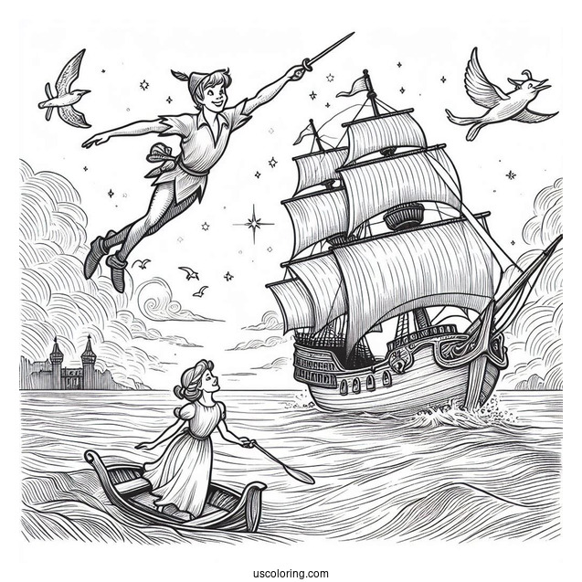 Peter Pan And Wendy Flying Over Captain Hook_s Ship Coloring Page