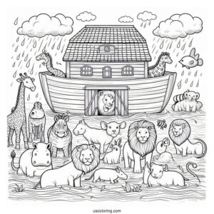Noah's Ark Coloring Page Of Detailed Giraffe, Hippo, Snake, Lion, And Other Animals At Sea