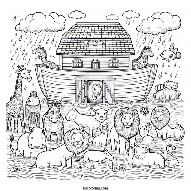Noah's Ark Coloring Page Of Detailed Giraffe, Hippo, Snake, Lion, And Other Animals At Sea