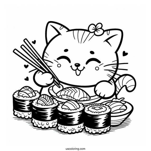 Hungry Cat Enjoying Sushi Coloring Page
