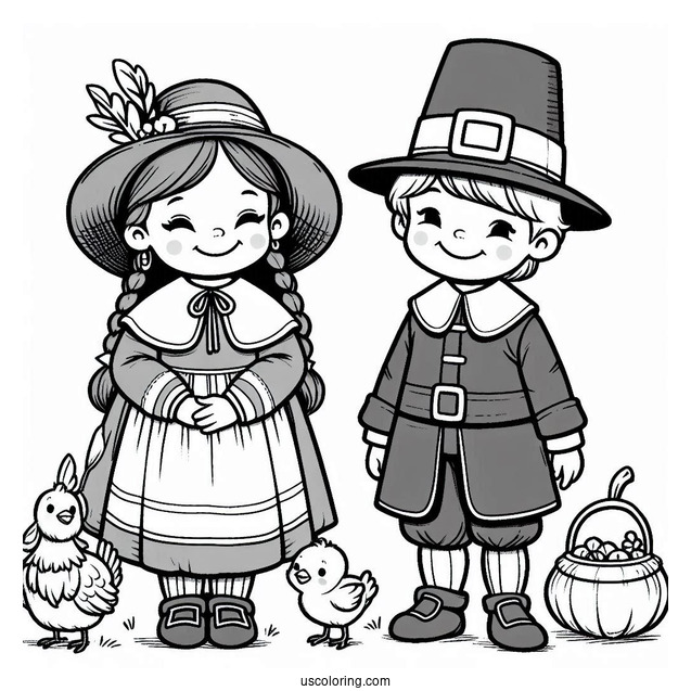 Adorable Girl And Boy Pilgrim Coloring Page