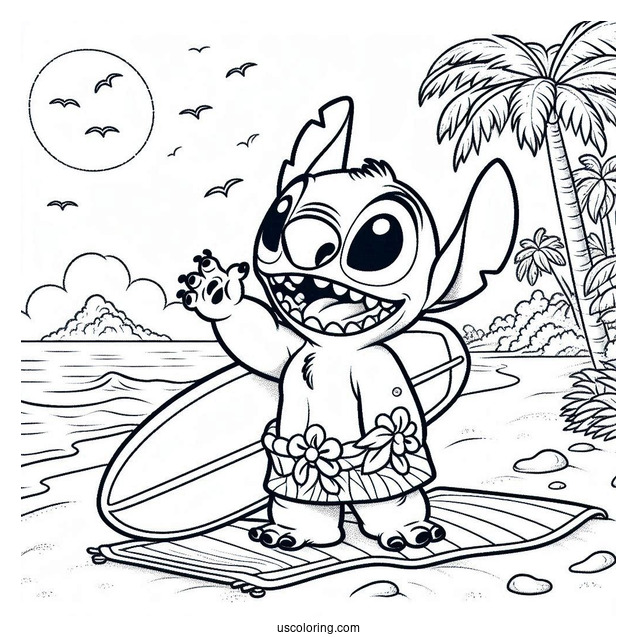 Lilo & Stitch Coloring Page Of David At The Beach With His Surfboard