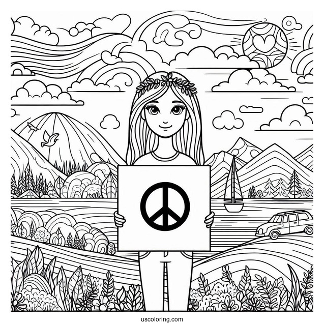 Person Holding A Peace Coloring Page Sign With Different Landscapes