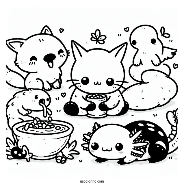 Kawaii Fox, Bird, Axolotl, And Cat Eating Together
