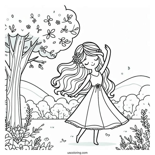 Woman Dancing Under A Tree Cute Coloring Page
