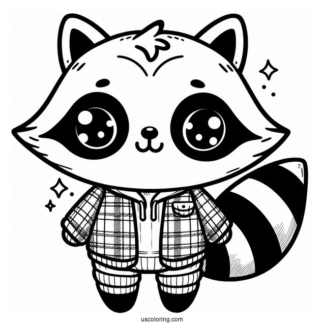 Kawaii Raccoon In A Plaid Jacket Coloring Sheet
