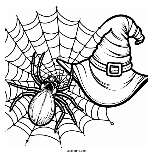 Outline Of Spider On Web Wearing Witches Hat