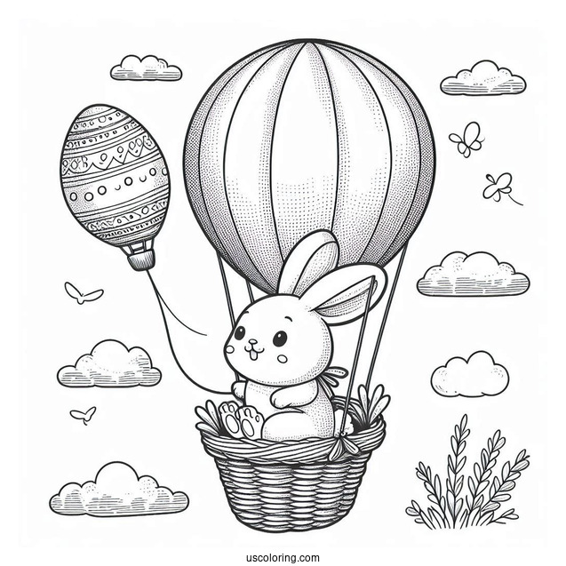 Easter Coloring Page Of Rabbit Flying In An Easter Egg Hot Air Balloon