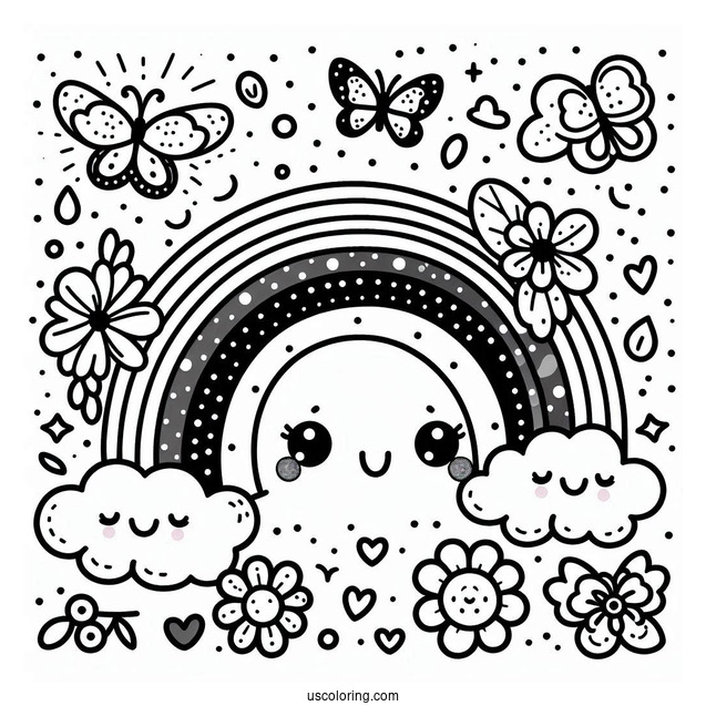 Kawaii Polka Dot Rainbow Coloring Page With Clouds, Flowers, And Butterflies For Kids