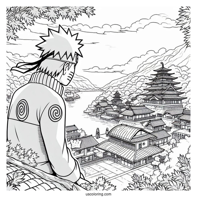Hokage Naruto Coloring Page Overlooking Hidden Leaf Village