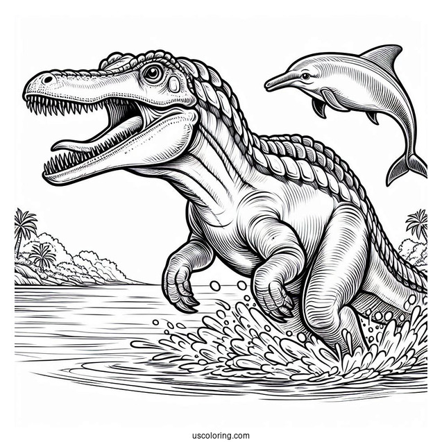 Spinosaurus Coloring Page Biting A River Dolphin
