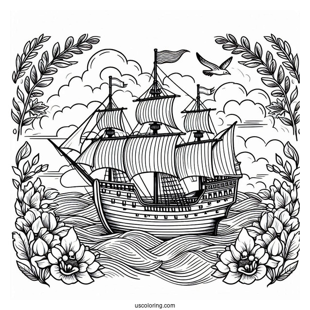 Pilgrim Coloring Page Mayflower Sailing At Sea