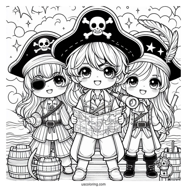 Three Chibi Pirate Coloring Page On Deck With A Map And A Telescope