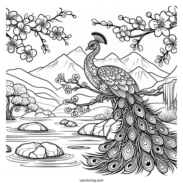Peacock Coloring Page on Rock with Blossoms and Mountain Landscape