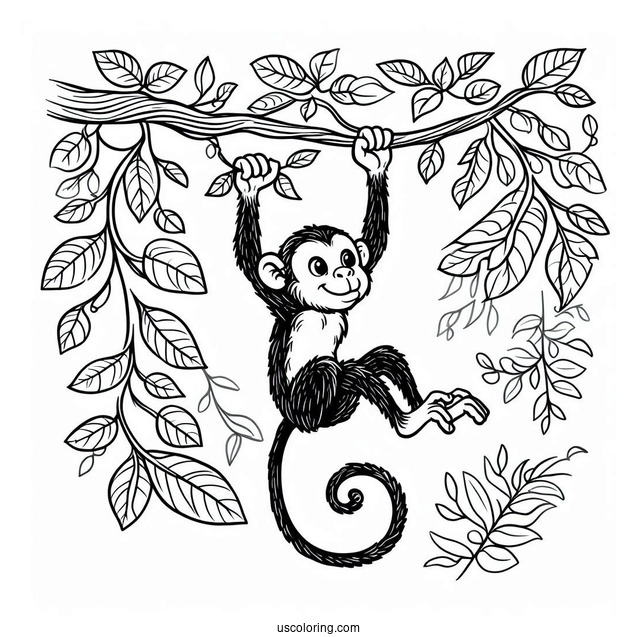 Jungle Coloring Page Of Easy Monkey Hanging From Vine For Kids