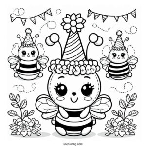 Bee Coloring Page Wearing Party Hats For Birthday Celebration