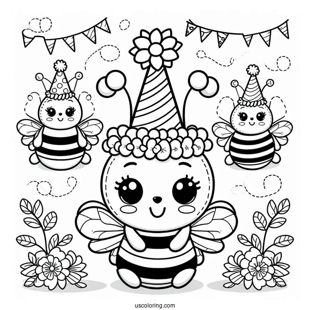 Bee Coloring Page Wearing Party Hats For Birthday Celebration