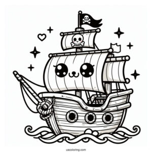 Kawaii Cartoon Pirate Ship Coloring Page For Preschoolers