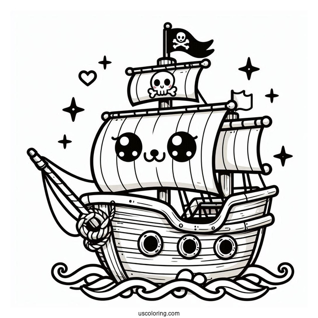 Kawaii Cartoon Pirate Ship Coloring Page For Preschoolers