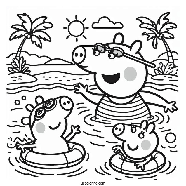 Swimming Coloring Page Of Mummy Pig Teaching George Pig And Peppa Pig To Swim