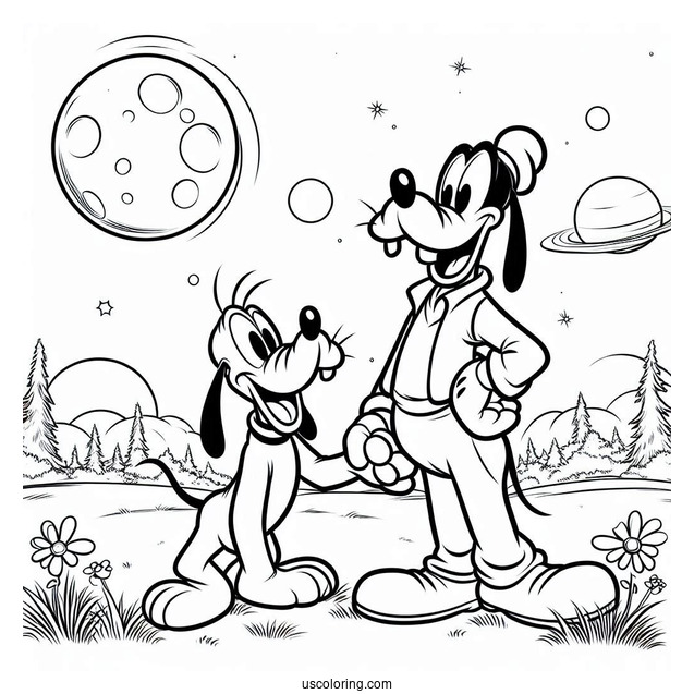 Goofy Standing With Pluto Coloring Page In Field