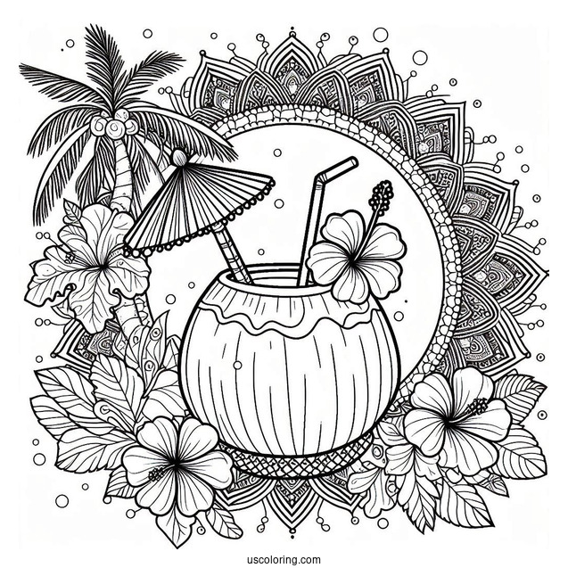 Summer Coloring Page Of Coconut Drink With Hibiscus Flower And Mandala